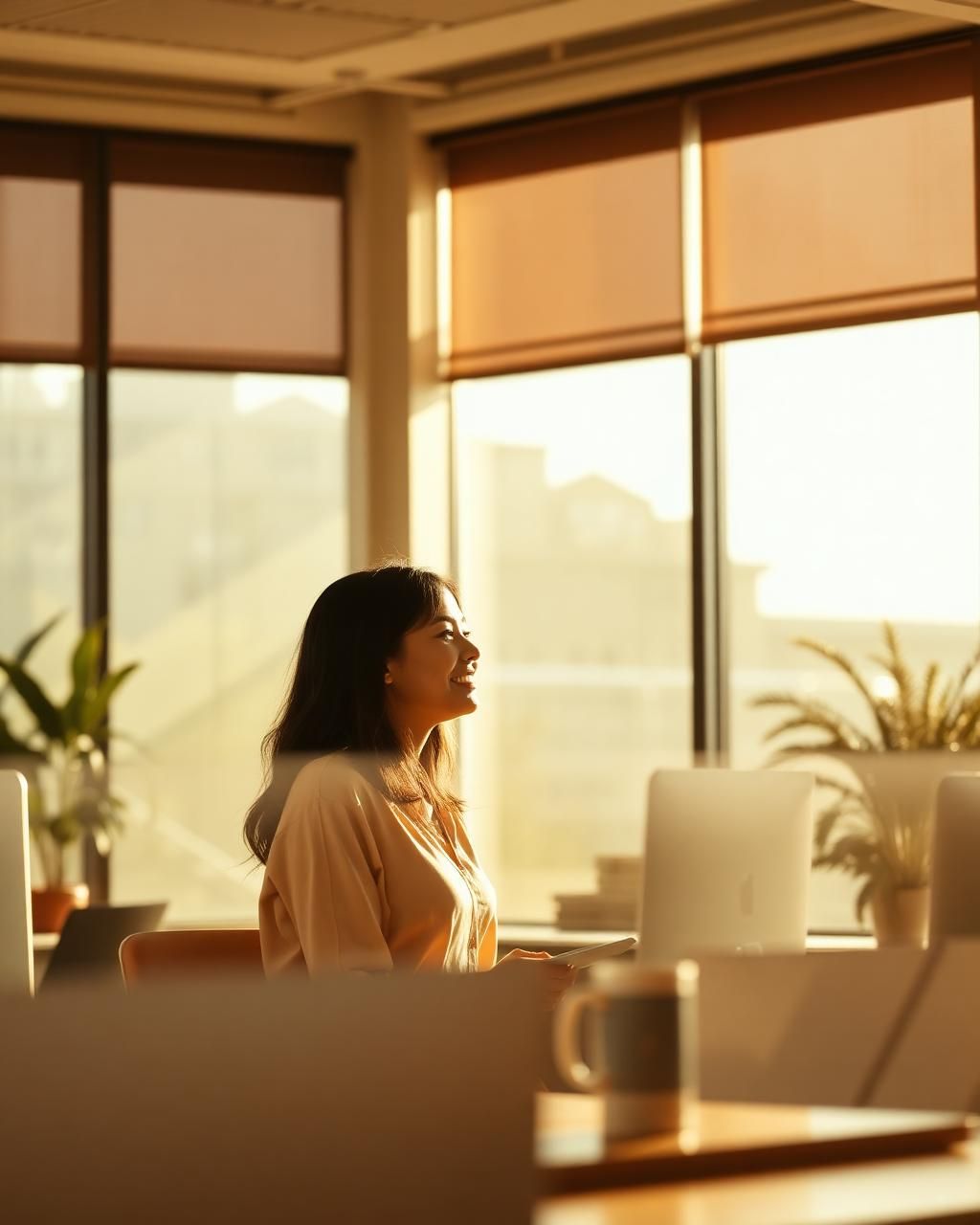 A warm, sunlit office moment
